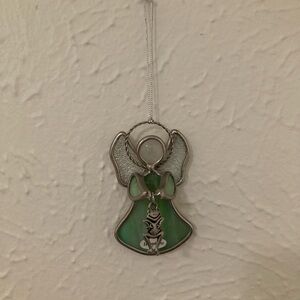 GANZ Green and Silver Angel Ornament with frog and “Happiness”